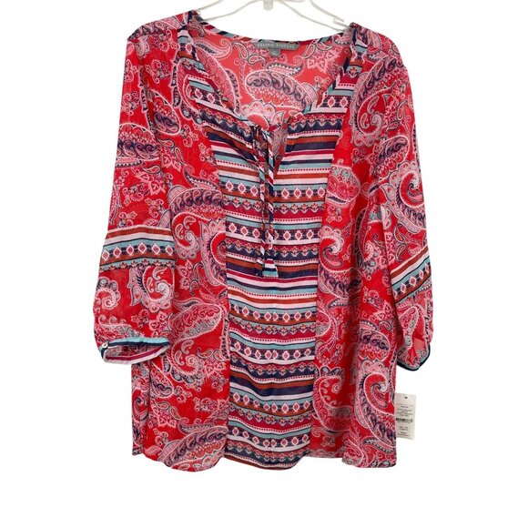 Valerie Stevens Tops - Valerie Stevens Womens Size 2X Top Red Paisley Sheer Boho Tassels Blouse Shirt